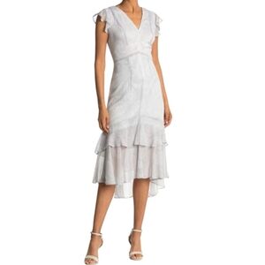 Tommy Hilfiger Baby Doll V Neckline Gray Paisley Tiered Midi Dress Whimsical